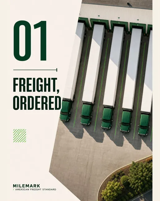 Milemark: “01 Freight, ordered”: trucks lined up at loading docks, seen from above.
