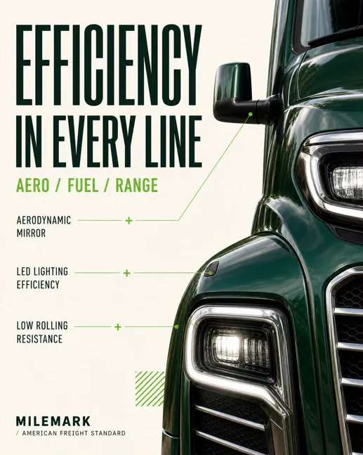 Milemark: “Efficiency in every line”: a truck’s headlight and mirror with aero notes.