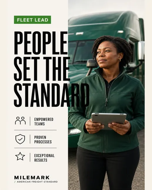 Milemark: “People set the standard”: a fleet lead holding a tablet in front of her truck.