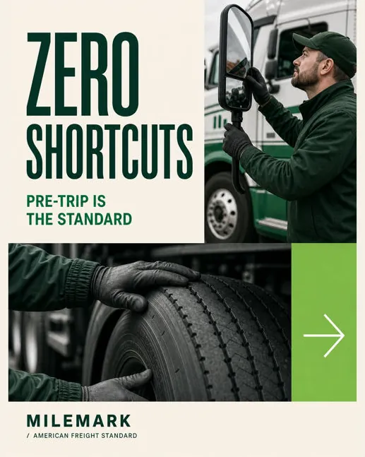 Milemark: “Zero shortcuts, pre-trip is the standard”: a driver checking a mirror and a tire.