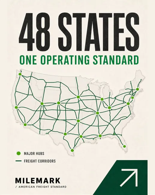 Milemark: “48 states, one operating standard”: a map of hubs and freight corridors.