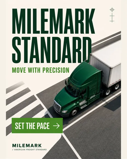 Milemark: “Milemark standard, move with precision”: a truck crossing a marked lot, seen from above.