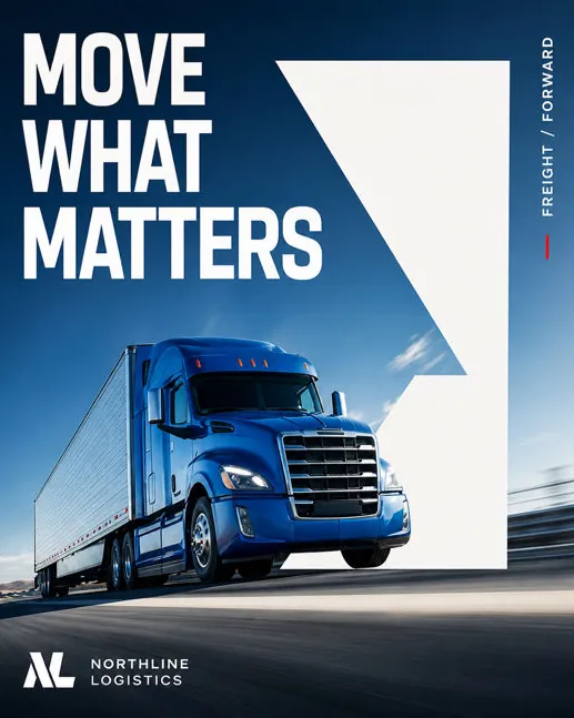Northline Logistics: “Move what matters”: a blue semi truck on an open road.