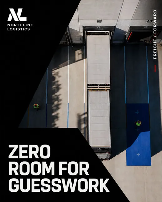 Northline Logistics: “Zero room for guesswork”: a truck backed into a loading dock, seen from above.