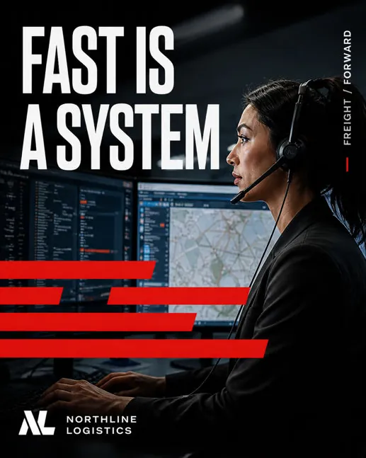 Northline Logistics: “Fast is a system”: a dispatcher in a headset at a wall of screens.