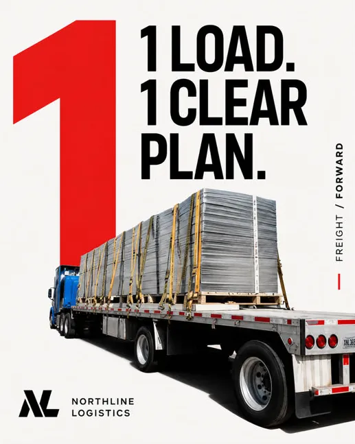 Northline Logistics: “1 load. 1 clear plan.”: a flatbed with a strapped-down load.