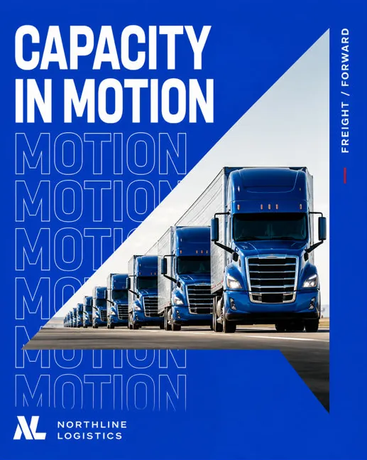Northline Logistics: “Capacity in motion”: a line of blue trucks in convoy.