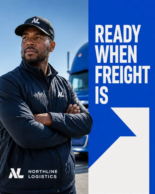 Northline Logistics: “Ready when freight is”: a driver in a company cap, arms crossed, in front of his truck.