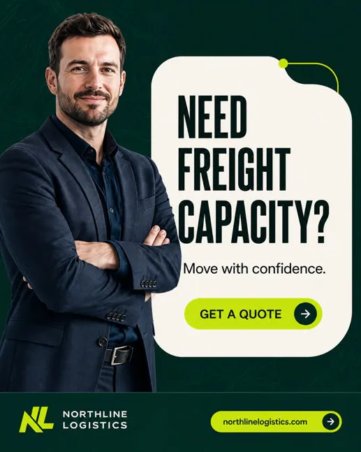 Northline Logistics: “Need freight capacity? Move with confidence.”: a broker in a jacket with a Get a quote button.