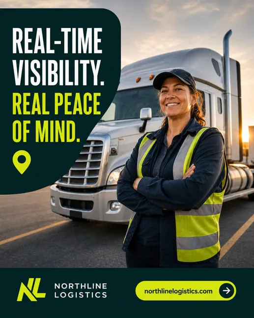 Northline Logistics: “Real-time visibility. Real peace of mind.”: a driver in a safety vest in front of her truck.