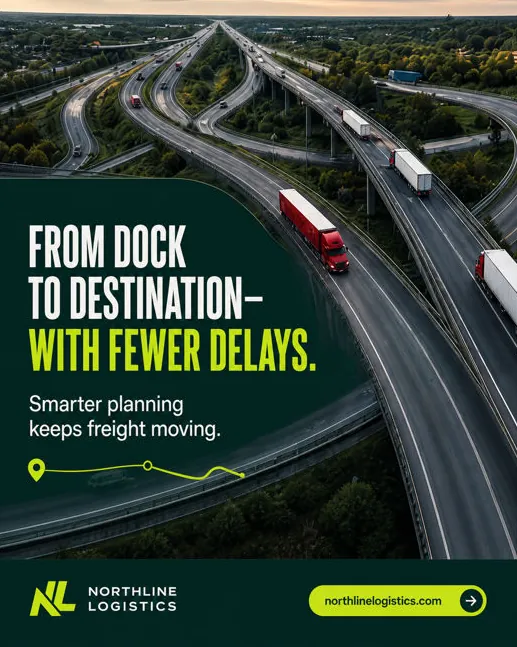Northline Logistics: “From dock to destination, with fewer delays”: trucks on a highway interchange.