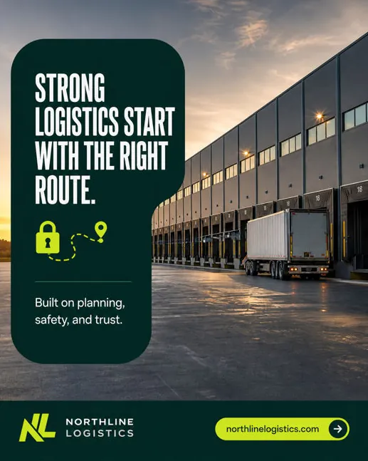 Northline Logistics: “Strong logistics start with the right route”: a trailer at a warehouse dock at sunset.
