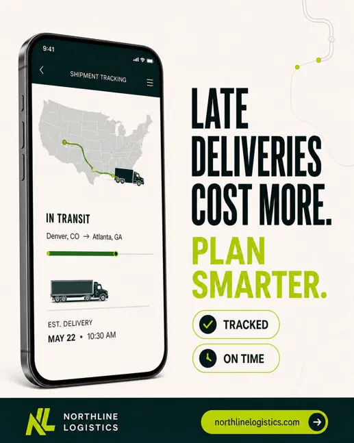 Northline Logistics: “Late deliveries cost more. Plan smarter.”: a phone showing a shipment-tracking screen.