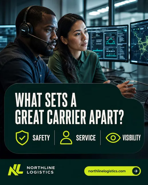 Northline Logistics: “What sets a great carrier apart? Safety, service, visibility”: two dispatchers at their screens.