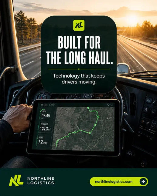 Northline Logistics: “Built for the long haul”: a dashboard tablet with a live route.