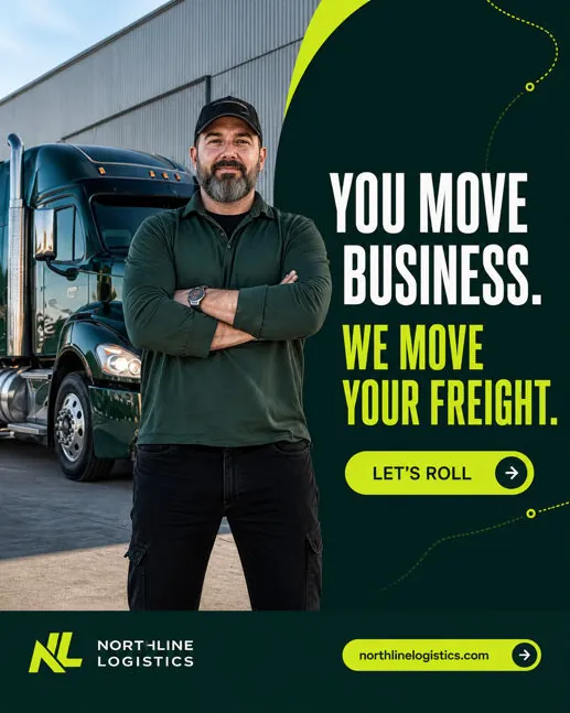 Northline Logistics: “You move business. We move your freight.”: a driver in front of a black truck.