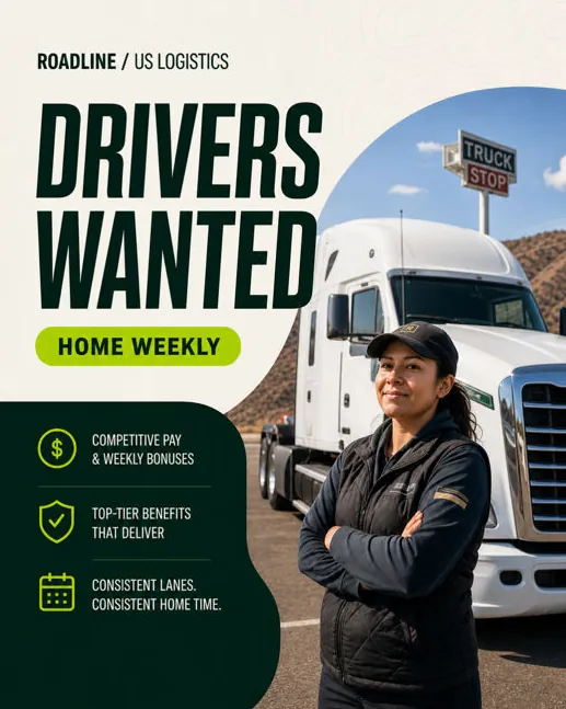 Roadline: “Drivers wanted, home weekly”: a smiling driver beside her white truck, with pay and benefits listed.