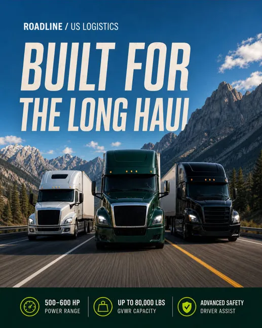 Roadline: “Built for the long haul”: three trucks on a mountain highway with engine and capacity specs.
