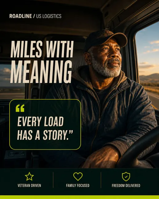 Roadline: “Miles with meaning”: a veteran driver at the wheel and the quote “Every load has a story.”