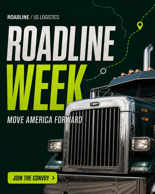Roadline: “Roadline Week, move America forward”: a truck grille head-on with a Join the convoy button.