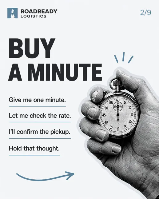 Roadready Logistics: “Buy a minute”, slate palette: a hand holding a stopwatch.