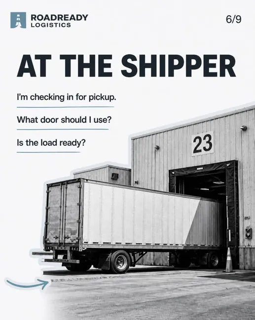 Roadready Logistics: “At the shipper”, slate palette: a trailer at dock 23.