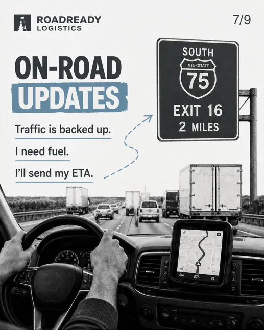 Roadready Logistics: “On-road updates”, slate palette: a highway exit sign and a dashboard.