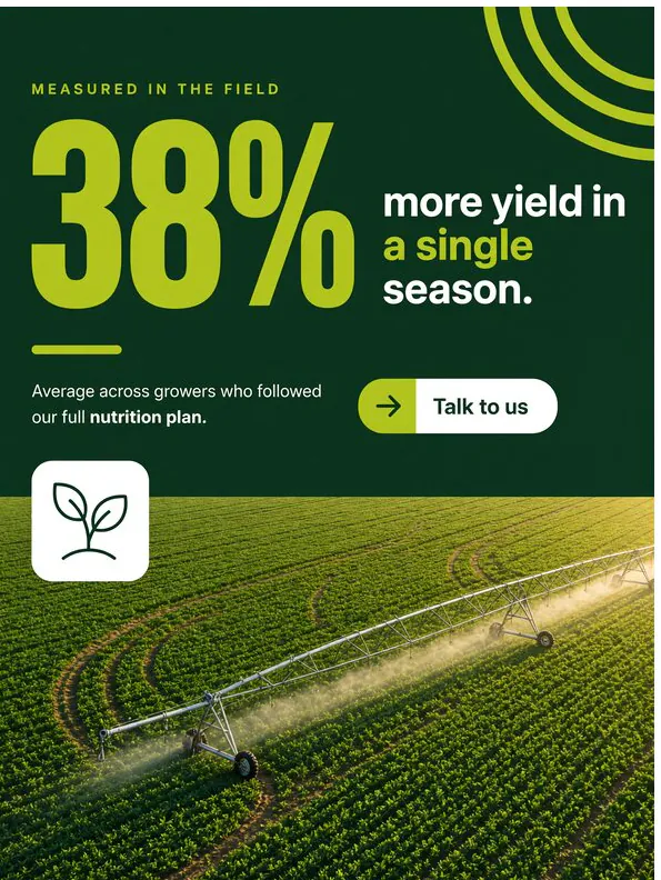 Ridgeway Farm: ‘38% more yield in a single season’: an irrigation pivot spraying a green field from above.