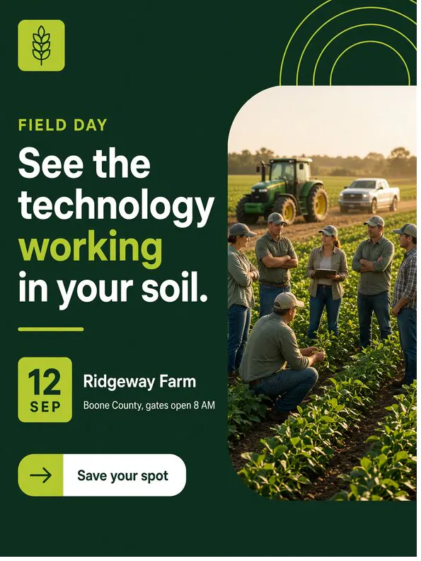 Ridgeway Farm: ‘See the technology working in your soil’: a field day invitation beside growers gathered around a tractor.
